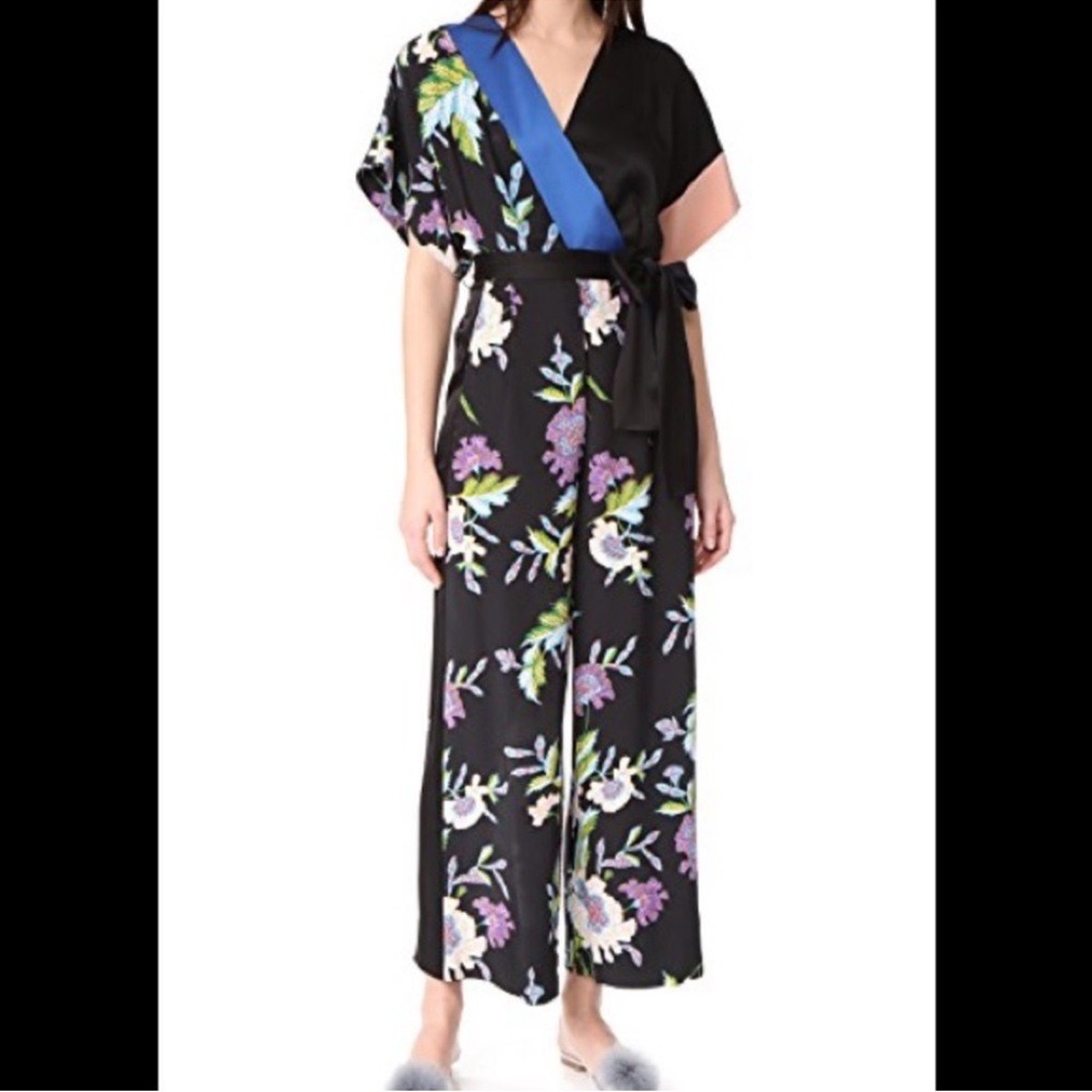 Diane von Furstenberg Womens Silk Floral Wrap Wide Leg Jumpsuit Size M Luxury